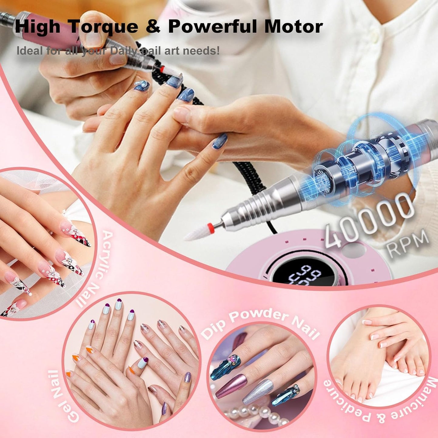 Electric Nail Drill File: Professional 40000RPM Nail E-File Drill, Rechargeable Cordless Nail Drill with Bits & Base for Acrylic Nails Remove Nail Gel Polish Manicure for Home Salon Use (Blue)