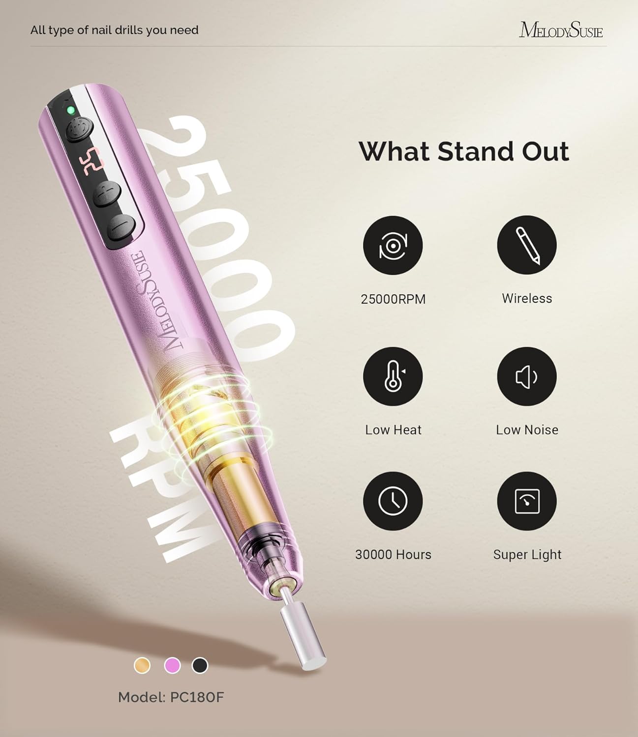 MelodySusie Pen-Shaped Portable CordlessNail Drill, PC180F 25000RPM RechargeableElectric File with LED Display for All NailCare, Manicure Shaping & Acrylic GelRemoval for Nail Artists DIY at Home