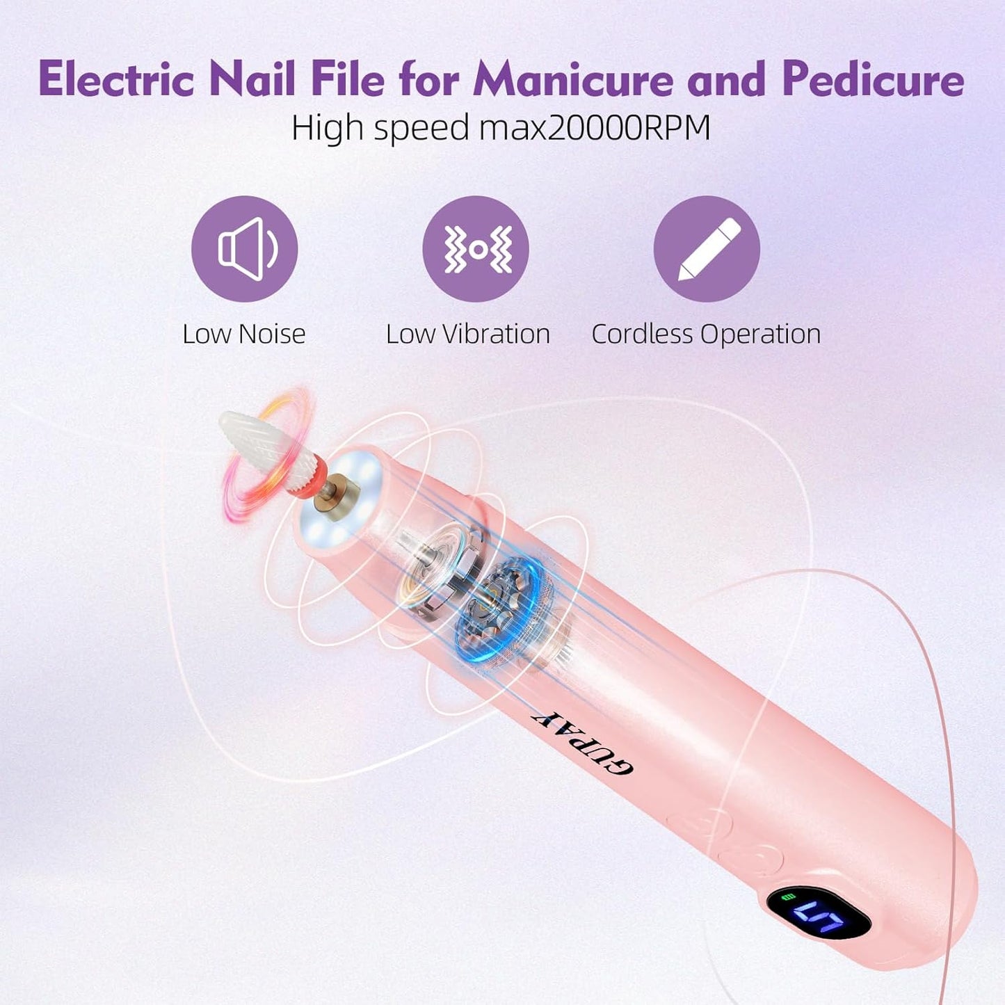 Electric Nail Files Cordless Rechargeable Nail Drill Machine for Natural Acrylic Gel Nails Professional Portable Efile Manicure Pedicure Kit for Girl Women Mum Home Use Beginners (Pink)