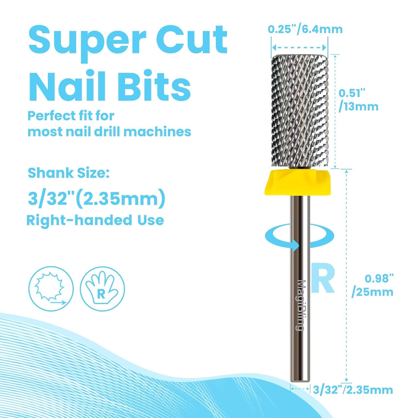 Super Cut Large Barrel Nail Drill Bits for Professional Users, 3/32'' Tungsten Carbide Bits, Upward Deep Cut for Removing Hard Gel Fast, Right Hand Use, Manicure Cuticle Gel Polishing, Extra Fine.
