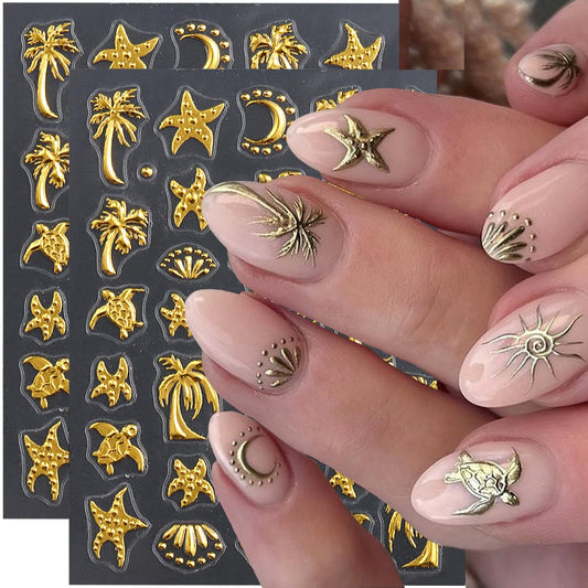 Summer Nail Art Stickers Decals Palm Tree Starfish 5D Embossed Nail Decals 2PCS Golden Coconut Tree Turtle Moons Summer Nails Design Adhesive Sticker Nail Art Supplies for Women Manicure Decorations