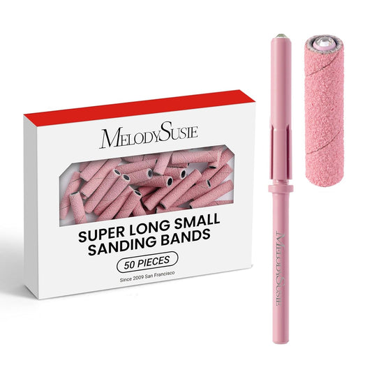 MelodySusie 50 Pcs Nail Drill Bits Super Long Small Sanding Bands with 3.1mm Crystal Mandrel Bit, 180 Fine Grit Nail File for Acrylic Nails Gel Manicures and Pedicure, Pink