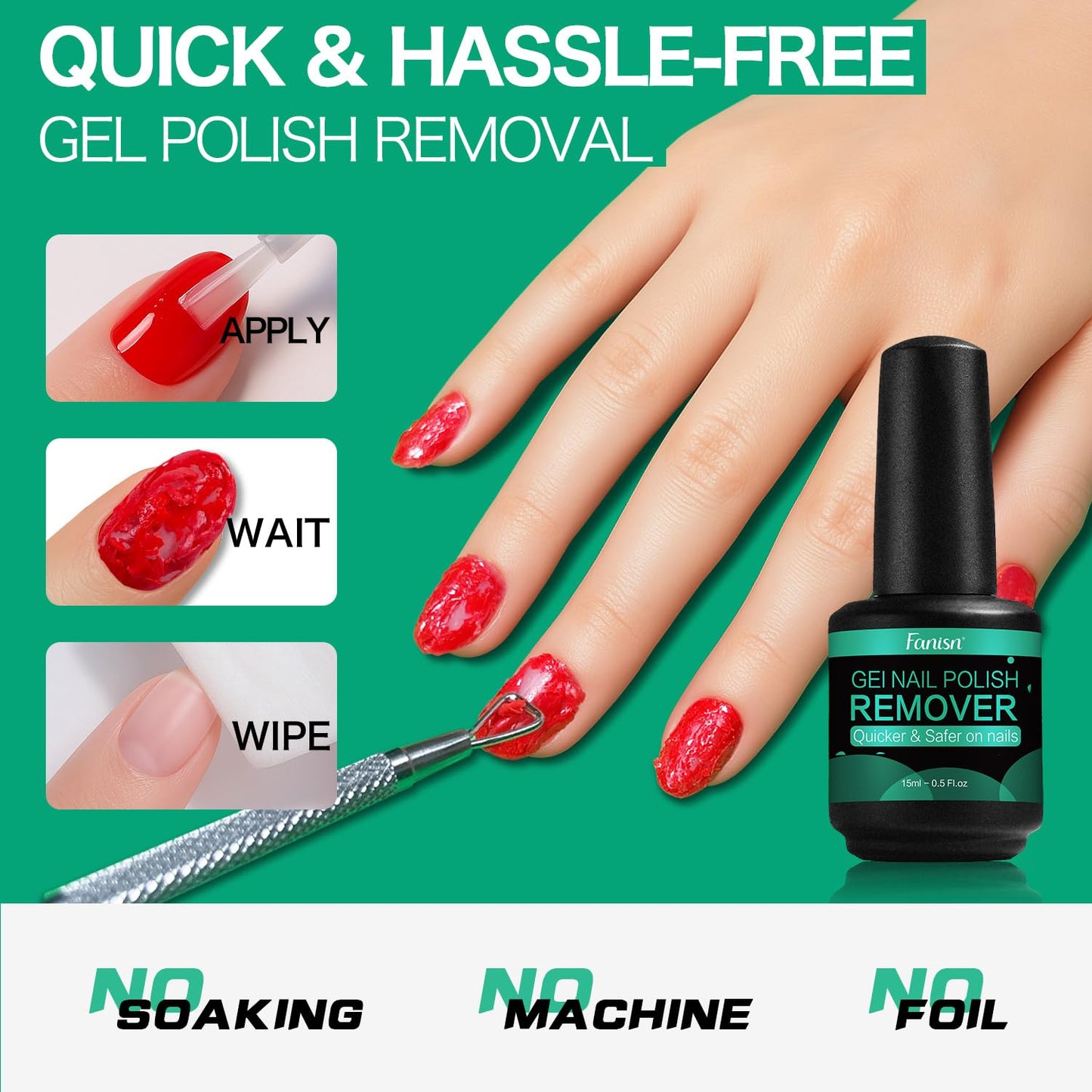 Gel Nail Polish Remover with Tools, 15ml (0.5 fl oz) - Acetone-Free, Quick Removal in 2-5 min, No Foil Soaking Needed, Safe for Natural Nails，Home DIY Use