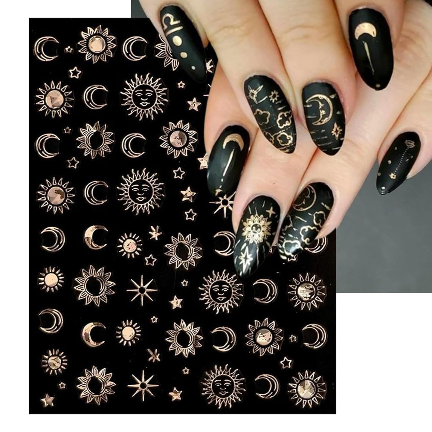 Gold Sun Nail Art Stickers - Sliver Moon Star Self-Adhesive 3D Nail Decals for DIY Golden Slivery Manicure (6 Sheets)
