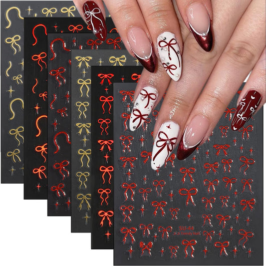 6Sheets Bow Nail Stickers for Nail Art Glitter Red Gold Bows Nail Decals Aurora Cute Nail Art Stickers 3D Self Adhesive Nails Design Charms Supplies for Women Girls Manicure Decorations