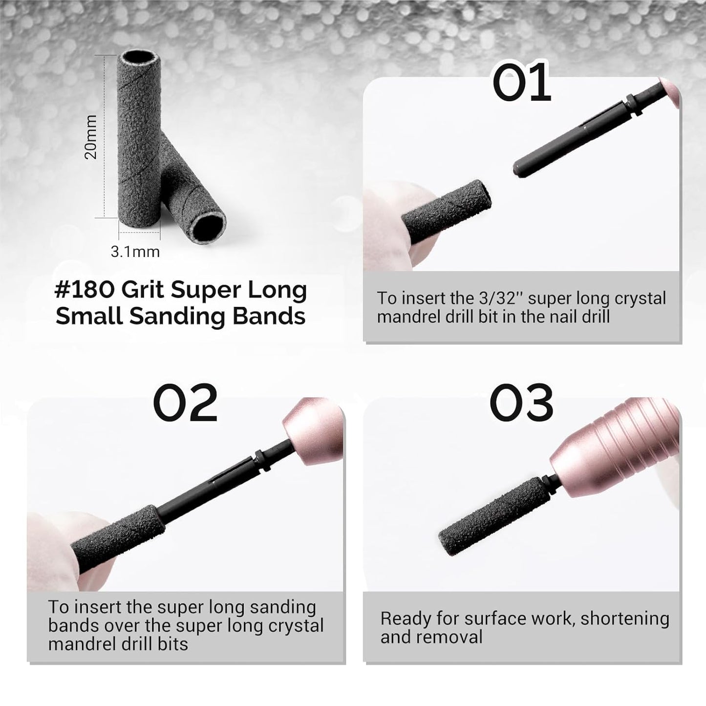 MelodySusie 50 Pcs Nail Drill Bits Super Long Small Sanding Bands with 3.1mm Crystal Mandrel Bit, 180 Fine Grit Nail File for Acrylic Nails Gel Manicures and Pedicure, Black