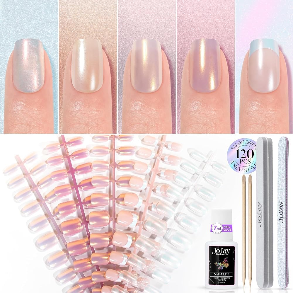 NEW Press on Nails Short, Jofay Fashion 120Pcs Salon-Like Fake Nails with French Mermaid/Pearl/Aurora Chrome Nail Designs, Glossy Artificial Acrylic False Nails, Glue on Nails for Women