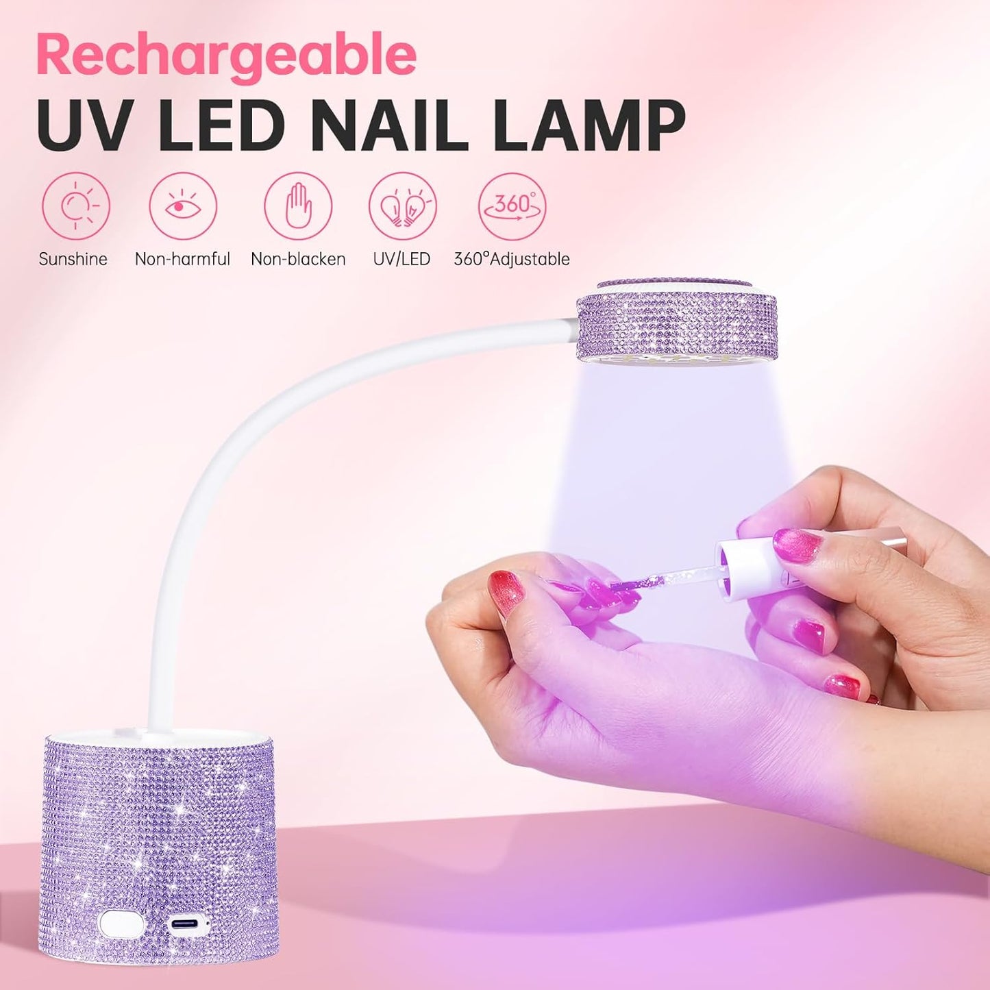 UV LED Nail Lamp, Mini UV Light for Gel Nails Polish, Rechargeable LED Flash Cure Nail Dryer, Quick Drying Goosenecks UV Nail Lamp for Home Nail Salon DIY Manicure, Purple Diamond