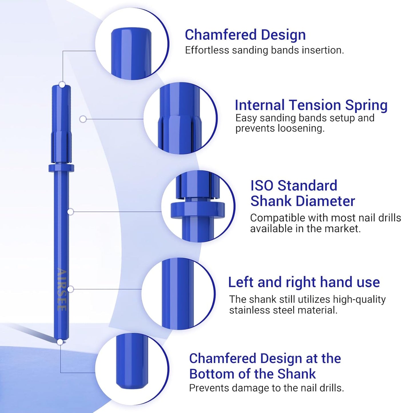 AIRSEE 3.1mm Small Nail Drill Mandrel Bits for Mini Efile Sanding Bands, Stainless Steel Professional Electric Head Clean Remove Cuticle Removing, Acrylic Manicure Sander Safety (Klein Blue)
