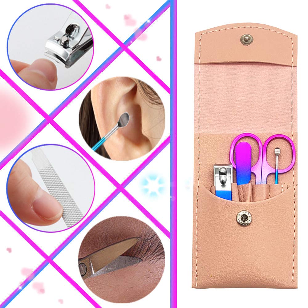 Manicure Set, Professional Women Nail Clippers Kit 4PCS， Stainless Steel Nail Cutter Care Tools Professional Grooming Kits, PU Leather Travel Case （Colorful）