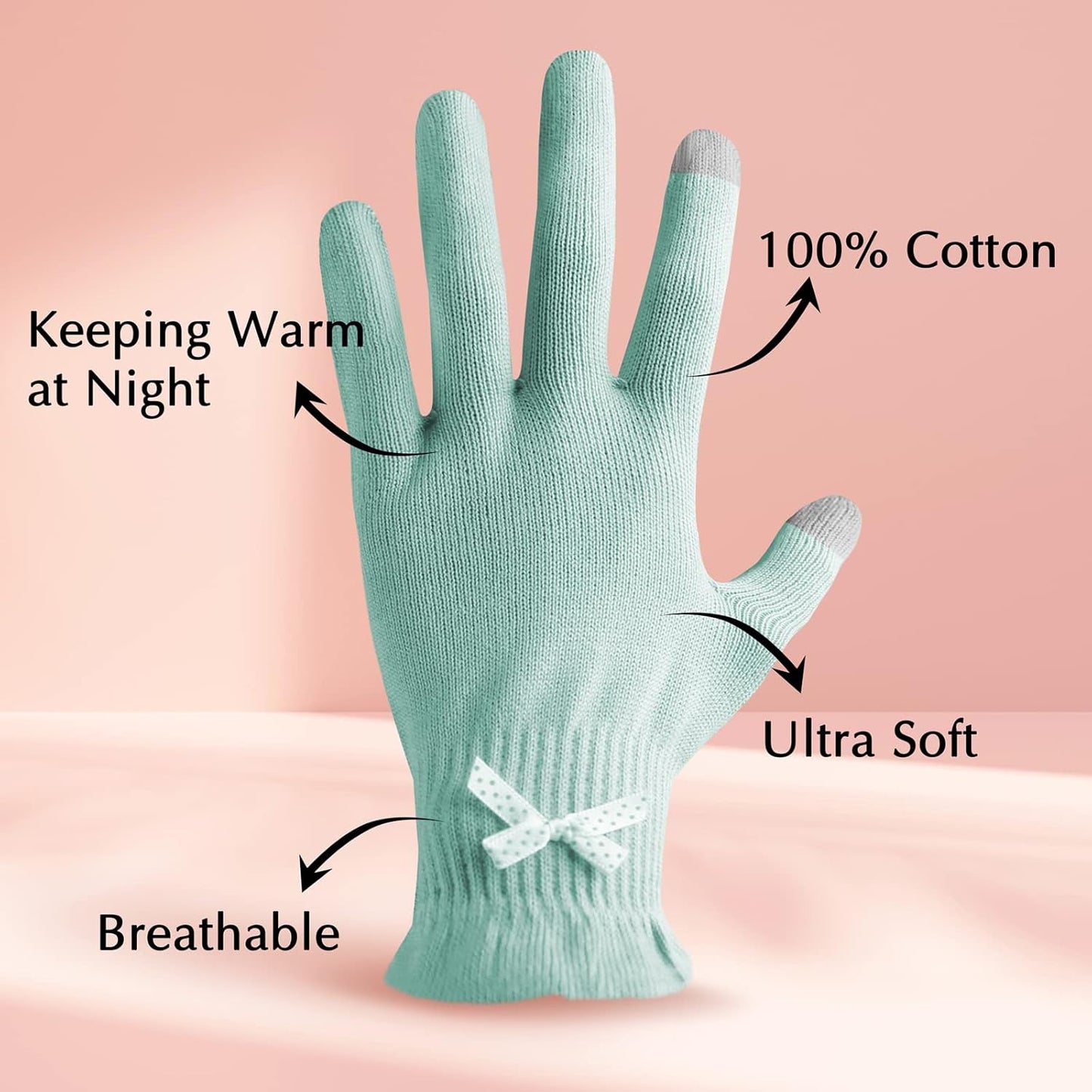 Evridwear Cotton Moisturizing Gloves Overnight Touchscreen for Dry Hands SPA Eczema Hand Care, Day and Night Moisturizing Sleeping Gloves (2 Pairs S/M, Feather Weight Mint Green)