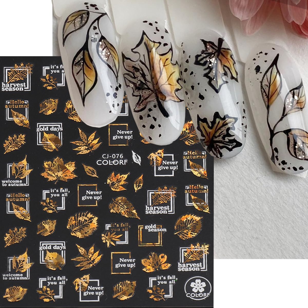 Maple Leaf Nail Art Stickers Decals Fall Nail Stickers 6PCS Golden Autumn Leaves Pine Nut Squirrel Autumn Nails Design Thanksgiving Day Nail Art Supplies Fall Stickers for Nails Manicure Decor