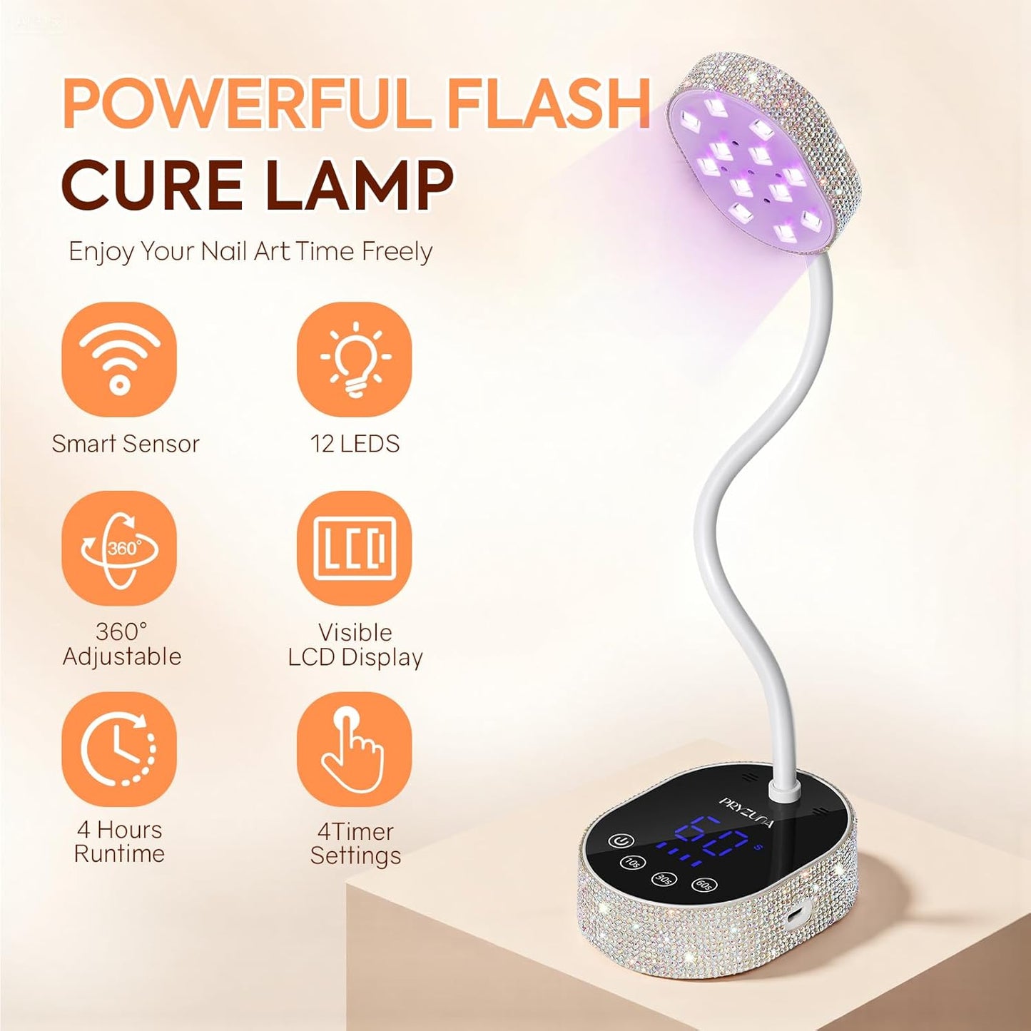 UV LED Nail Lamp 36W – Mini Cordless Flash Cure Gooseneck UV Light for Gel X Nails, Portable USB Rechargeable Nail Dryer with Auto Sensor, 4 Timers & LCD Display for DIY Home Manicure (Diamond)