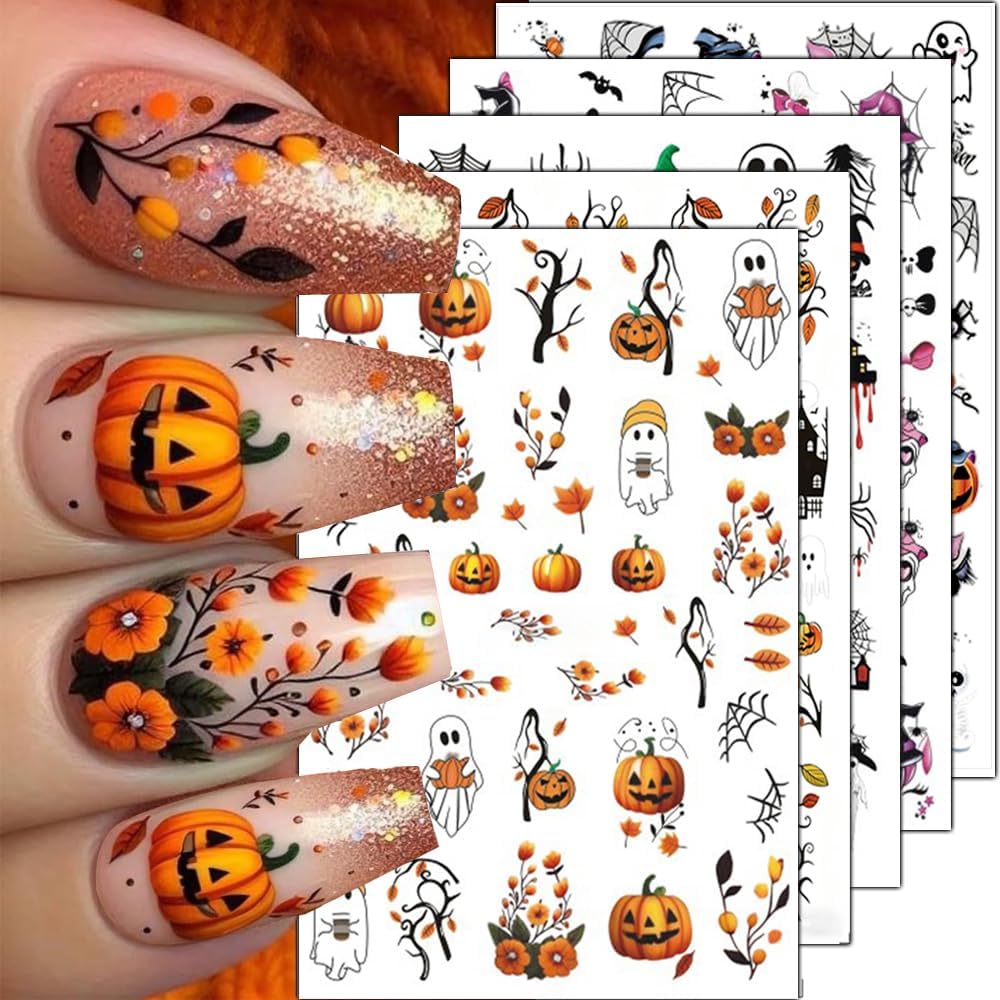 Halloween Nail Stickers Ghost Spider Web Nail Art Stickers Bat Cat Skull Flower Nail Decals Self-Adhesive Spooky Gothic Design Sticker Holiday Nail Art Decoration for Women Manicure Accessories 5Pcs