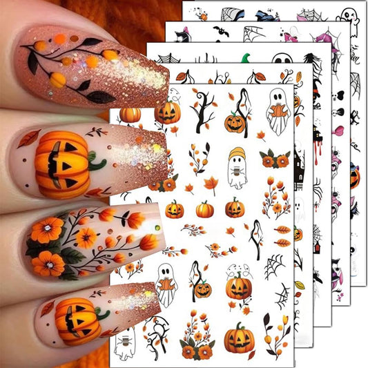 Halloween Nail Stickers Ghost Spider Web Nail Art Stickers Bat Cat Skull Flower Nail Decals Self-Adhesive Spooky Gothic Design Sticker Holiday Nail Art Decoration for Women Manicure Accessories 5Pcs