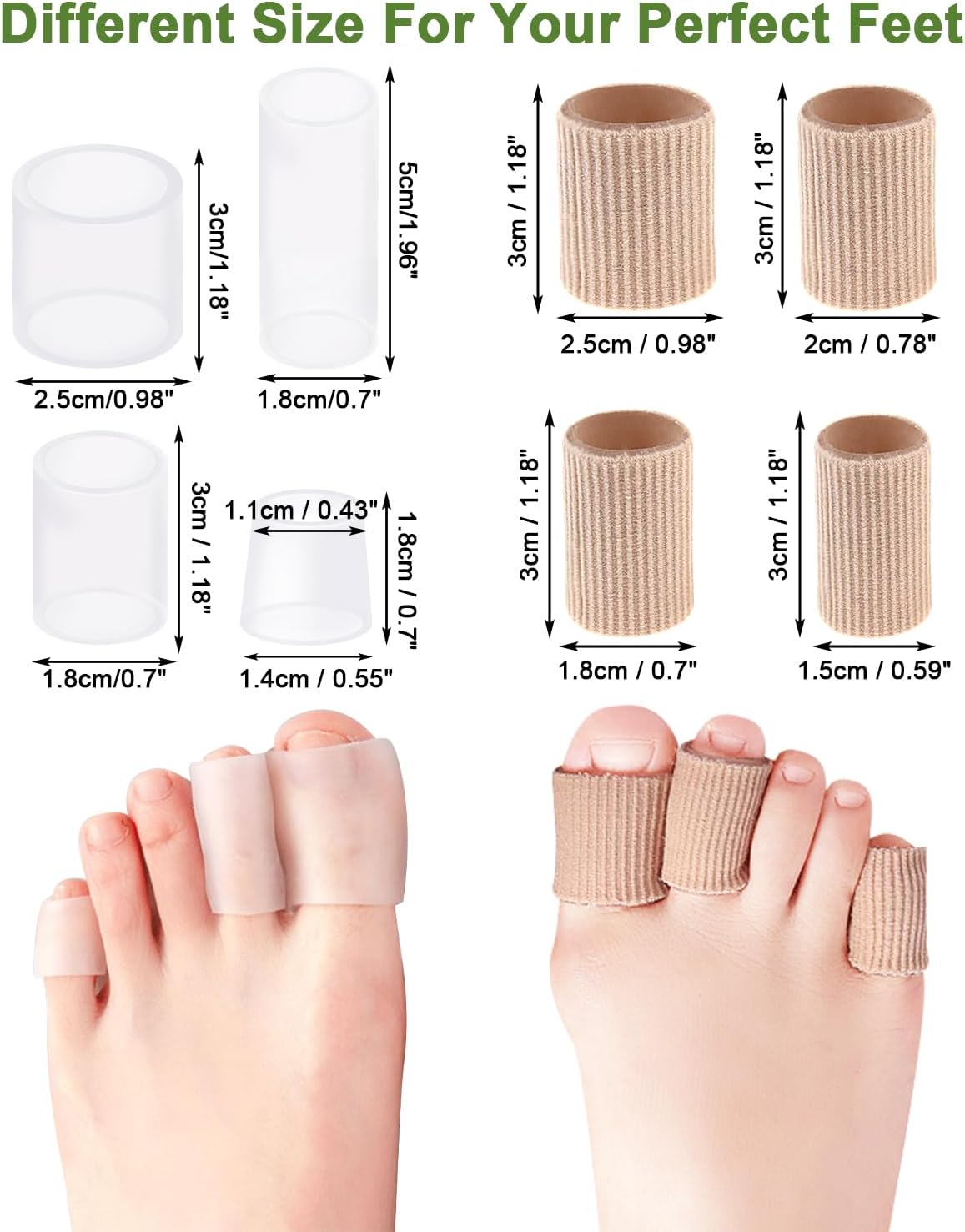 16PCS Silicone Toe Sleeves Gel Corn Protectors Toe Tube Cushions with 4 Size, Soft Corn Pads Covers for Women Men Pain Relief, Calluses, Blisters, Bunion, Hammer (8gel+8nylon)
