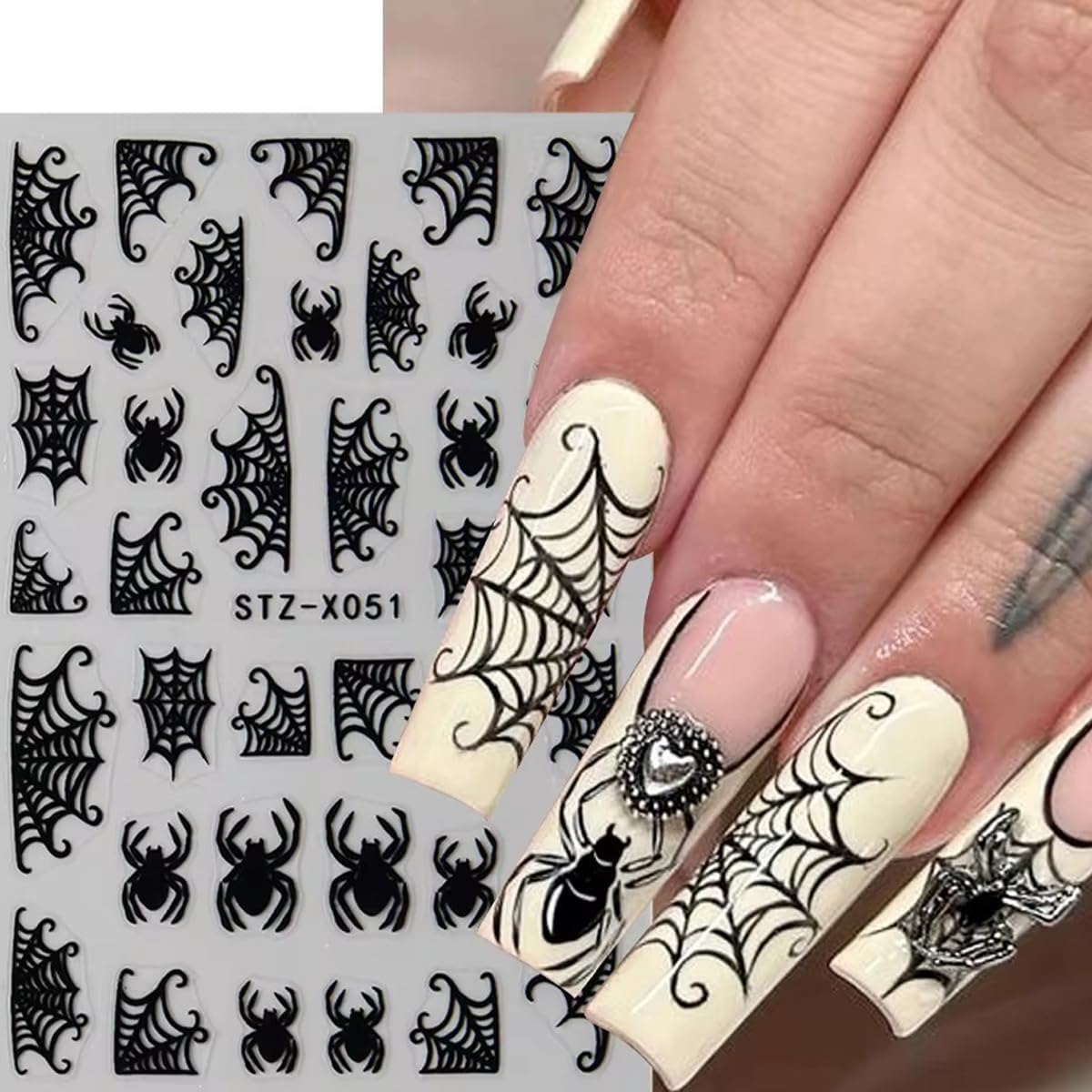 8Sheets Spider Web Nail Stickers, Halloween Decals for Nail Art - Black Stars, Moon, Flame Design - DIY Manicure Charms for Holiday Decoration Accessories