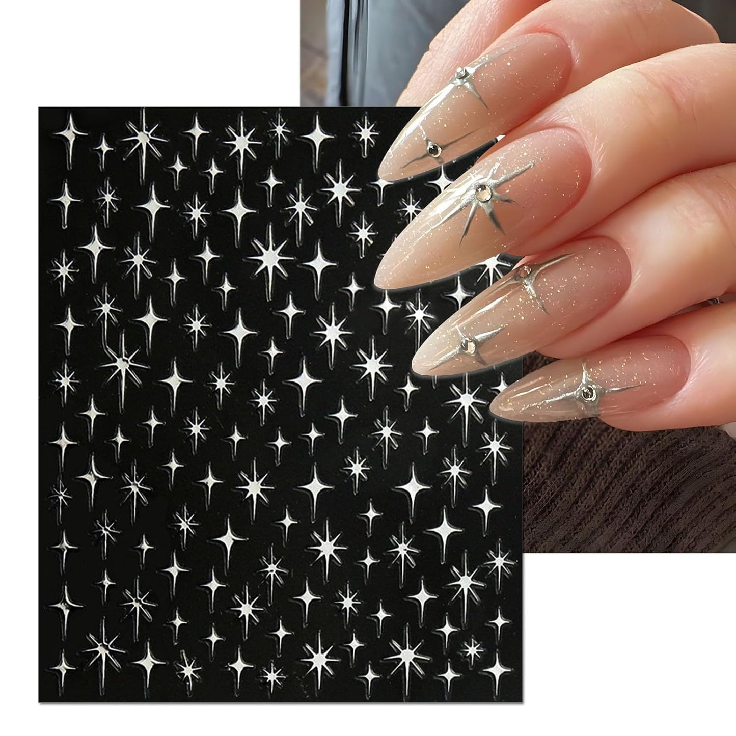 Star Nail Art Stickers - Colorful Shiny Starlight Self-Adhesive Glitter Sparkle Nail Decals for DIY Silver Gold White Black Manicure (6 Sheets)