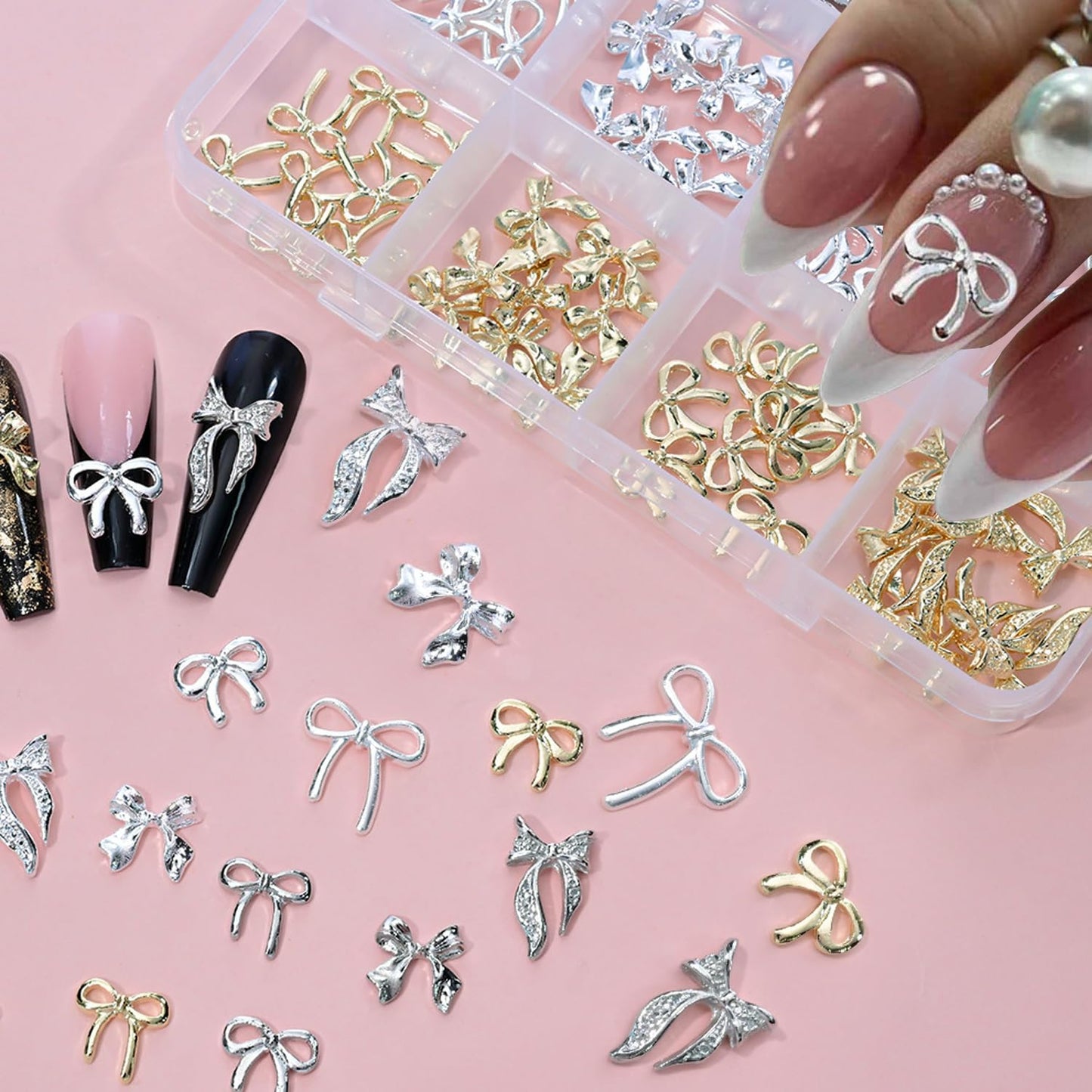 96Pcs/Box 3D Metal Bow Nail Art Charm Gold/Silver Alloy Bows Nail Charm for Nails Art 3D Alloy Bow Tie Jewelry Nail Rhinestone Kawaii Nail Crafts Decor DIY Accessories Manicure Designs Supplies