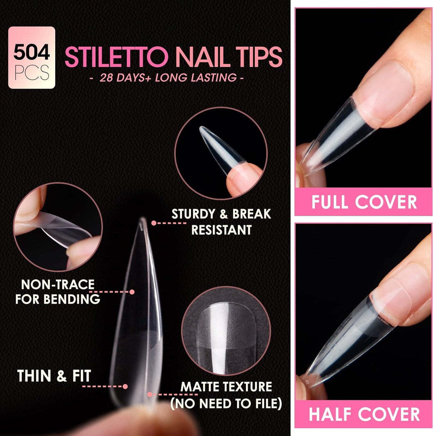 Gellen Stiletto Fake Nails 504Pcs Nail Tips, Acrylic Nail Kit Stiletto Pre-Shaped Press On Nails, Clear False Nail Extension Kit, Full Cover Soft Gel Nail Tips, Salon Nail Art Manicure Set, 12 Sizes