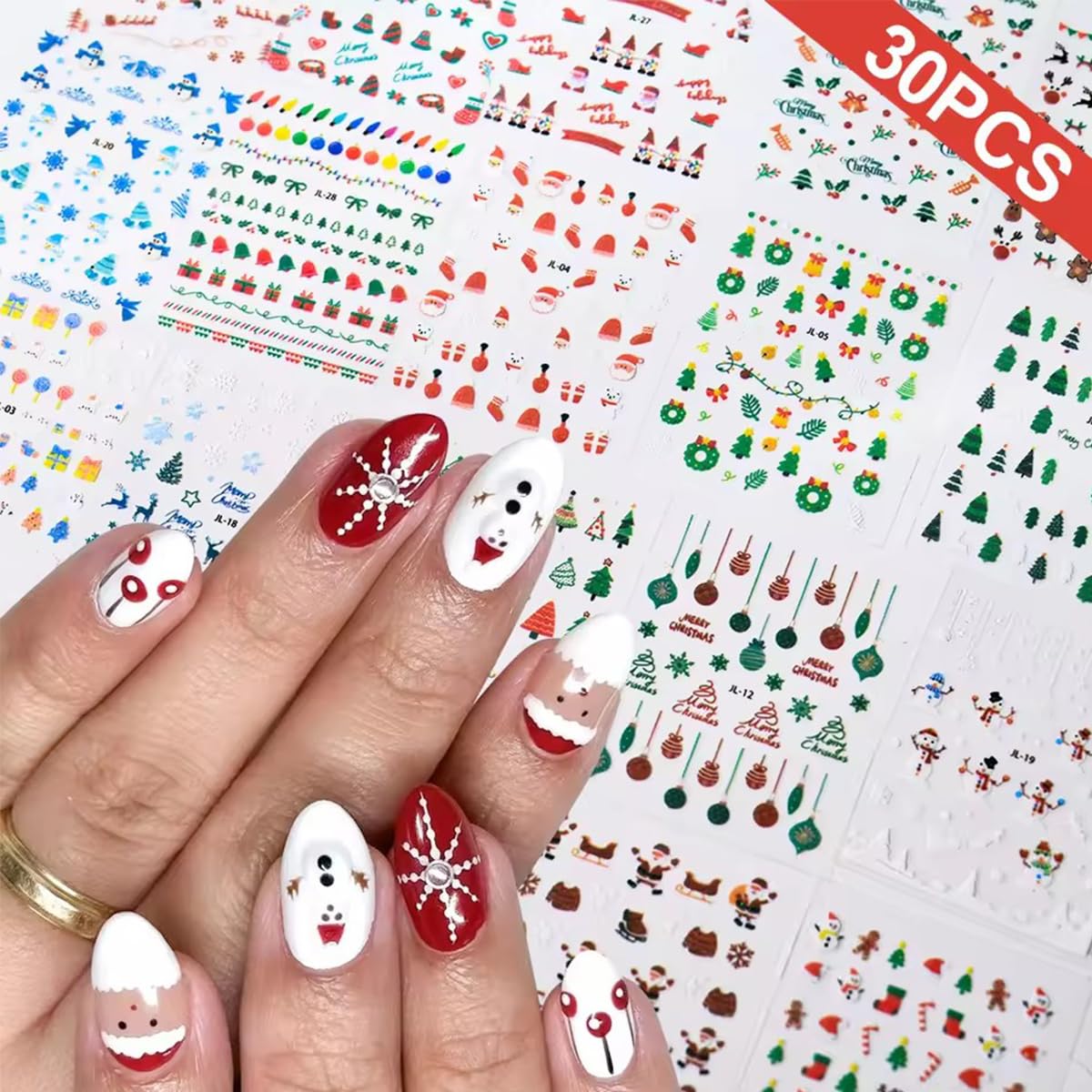 30 Sheets Christmas Nail Art Stickers Decals 3D Self Adhesive Christmas Nail Decals Santa Claus Elk Snowman Christmas Tree Nail Decorations Winter Nail Stickers for Women DIY Acrylic Nail Supplies