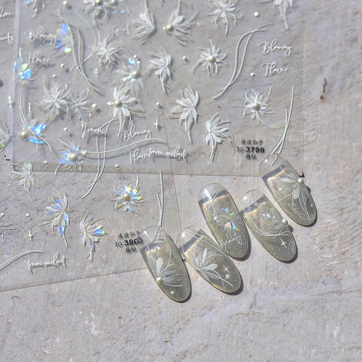 1 Sheet Shell Light Flower Nail Sticker with Rhinestone Design, White Line Nail Decals, 5D Embossed Self-Adhesive Nail Design Stickers for Women Daily DIY Manicure Decoration Supplies