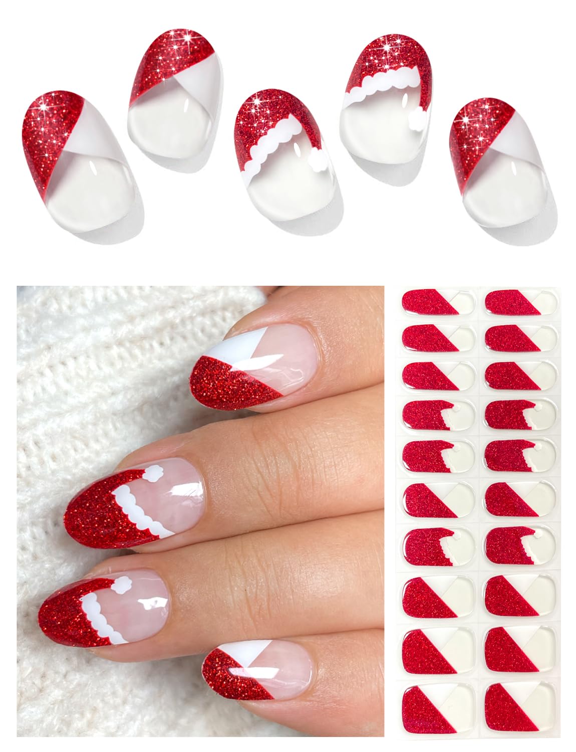 Semi Cured Gel Nail Strips (Santa Hat French), Red Glitter, 20 Pcs Christmas Gel Nail Wraps, Stickers, UV Light Required, Salon Quality