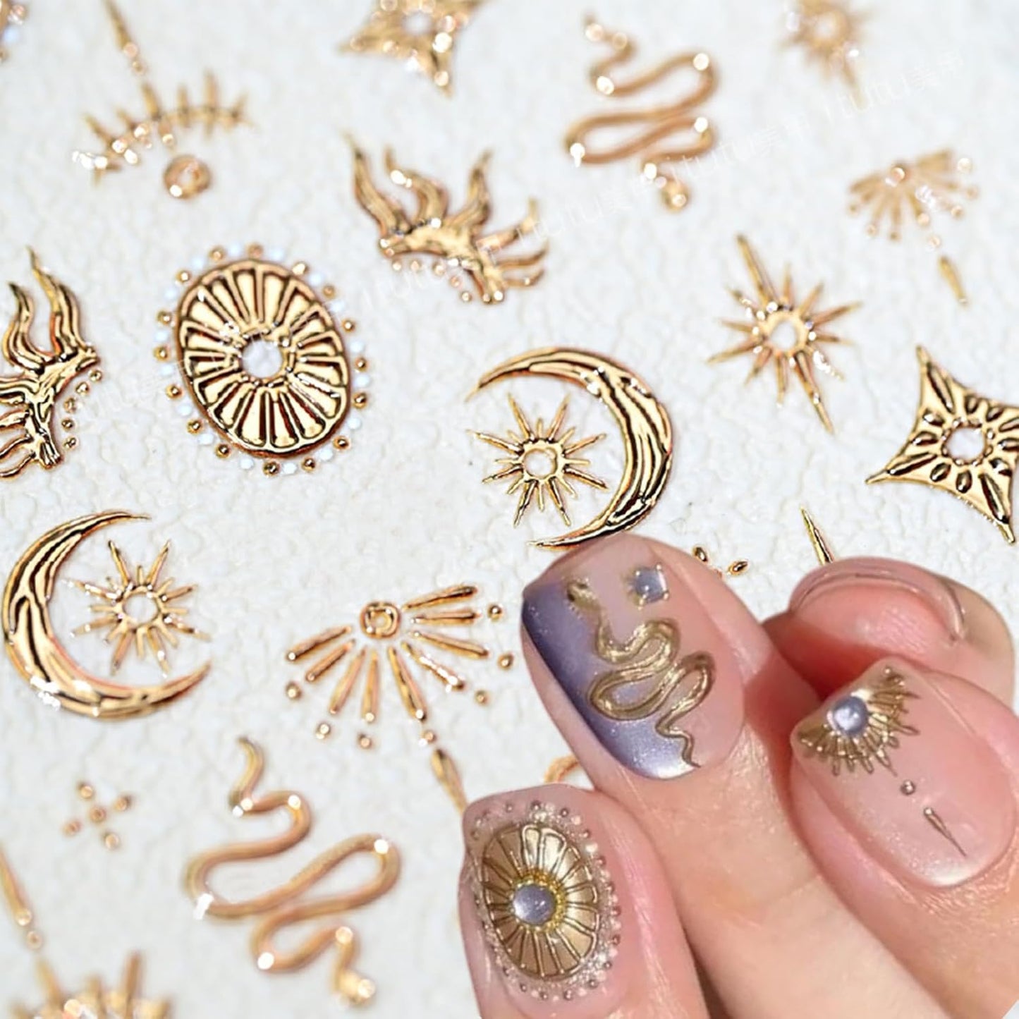Gold Snake Nail Art Stickers 5D Self-Adhesive Embossed Moon Sun Pattern Design Nail Decals Retro Gilded Snake Nail Supplies for Women Girls DIY Summer Manicure Decoration Exquisite Cardboard 1 Sheet