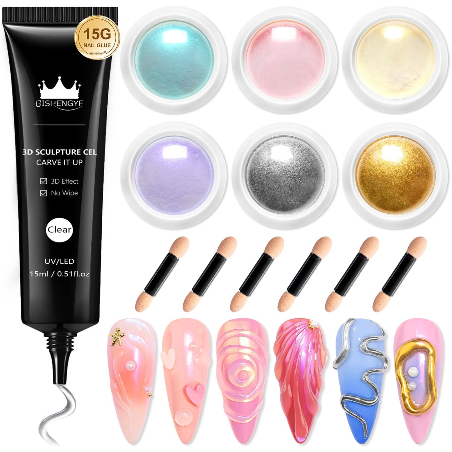 3D Nail Gel and Chrome Nail Powder Kit BISHENGYF: 15g No Wipe 3D Sculpting Gel Aurora Pink Blue Gold Chrome Nail Powder with Clear 3D Carving Nail Molding Glue Set for Nail Art Decoration