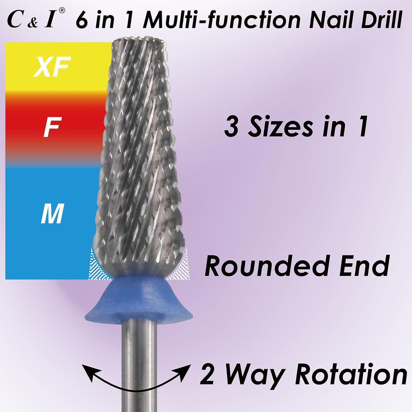 C & I Nail Drill Bit 6 in 1 Multi-function Rounded End E File, Tungsten Steel CNC Overall Cutting, Manicure Tool for Nail Tech Quick Remove Nail Gels, Acrylic Nails (Original, Middle -M)