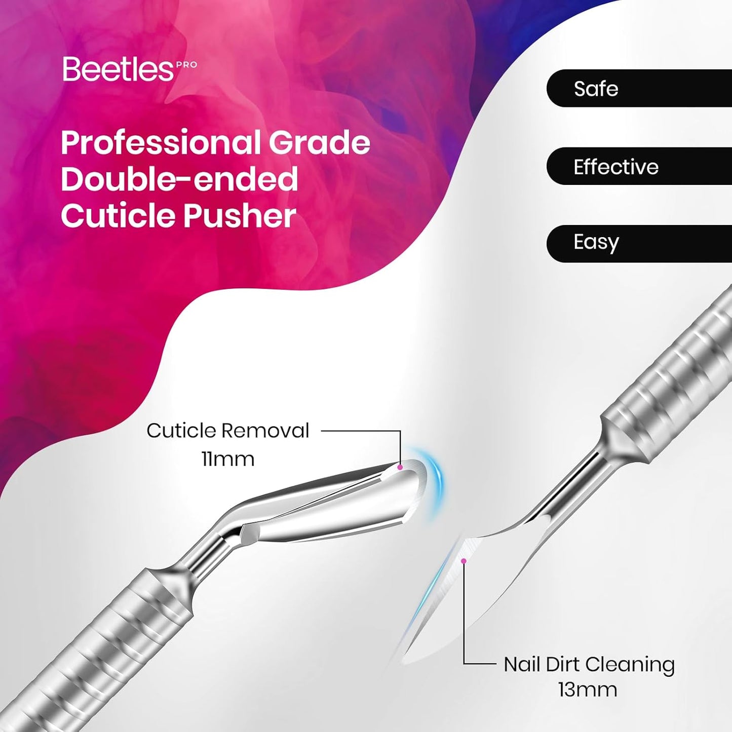 Beetles Pro 1-Pcs Dual-Ended Cuticle Pusher, Professional Horseshoe 11mm and Angled Blade 13mm Precise Cuticle Care, Stainless Steel Handle Nail Tools for Nail Art Prep – Salon Quality Manicure Tool