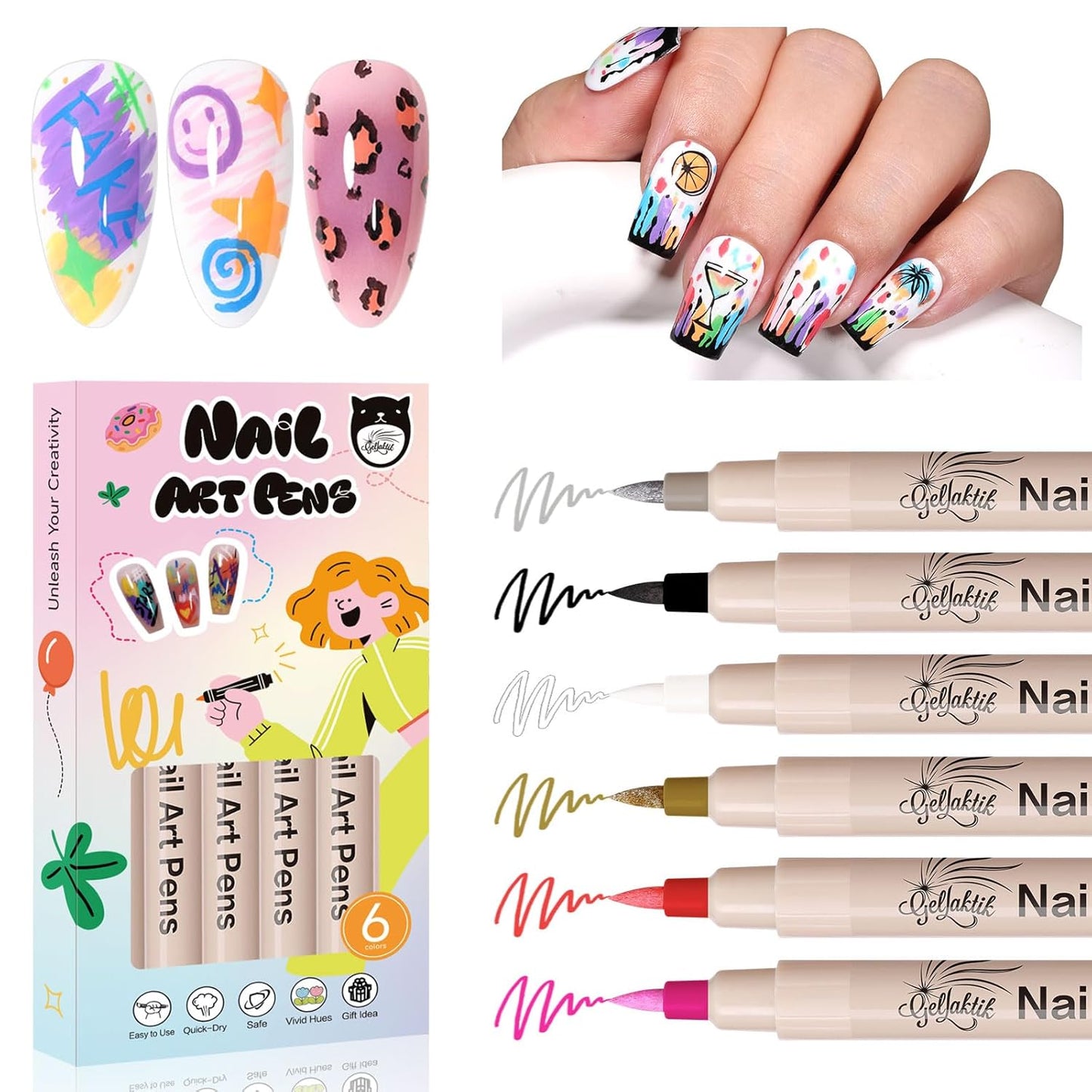 6 Color 3D Nail Art Pens Set, 0.7MM Nail Polish Pens Quick-Drying Acrylic Paint Markers, DIY Nail Design for Dotting Drawing Painting Liner, Home & Salon Manicure Tools Halloween Beginners Gifts