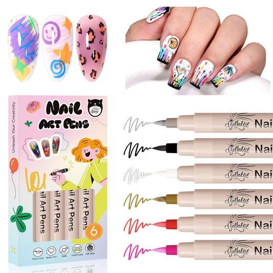 6 Color 3D Nail Art Pens Set, 0.7MM Nail Polish Pens Quick-Drying Acrylic Paint Markers, DIY Nail Design for Dotting Drawing Painting Liner, Home & Salon Manicure Tools Halloween Beginners Gifts