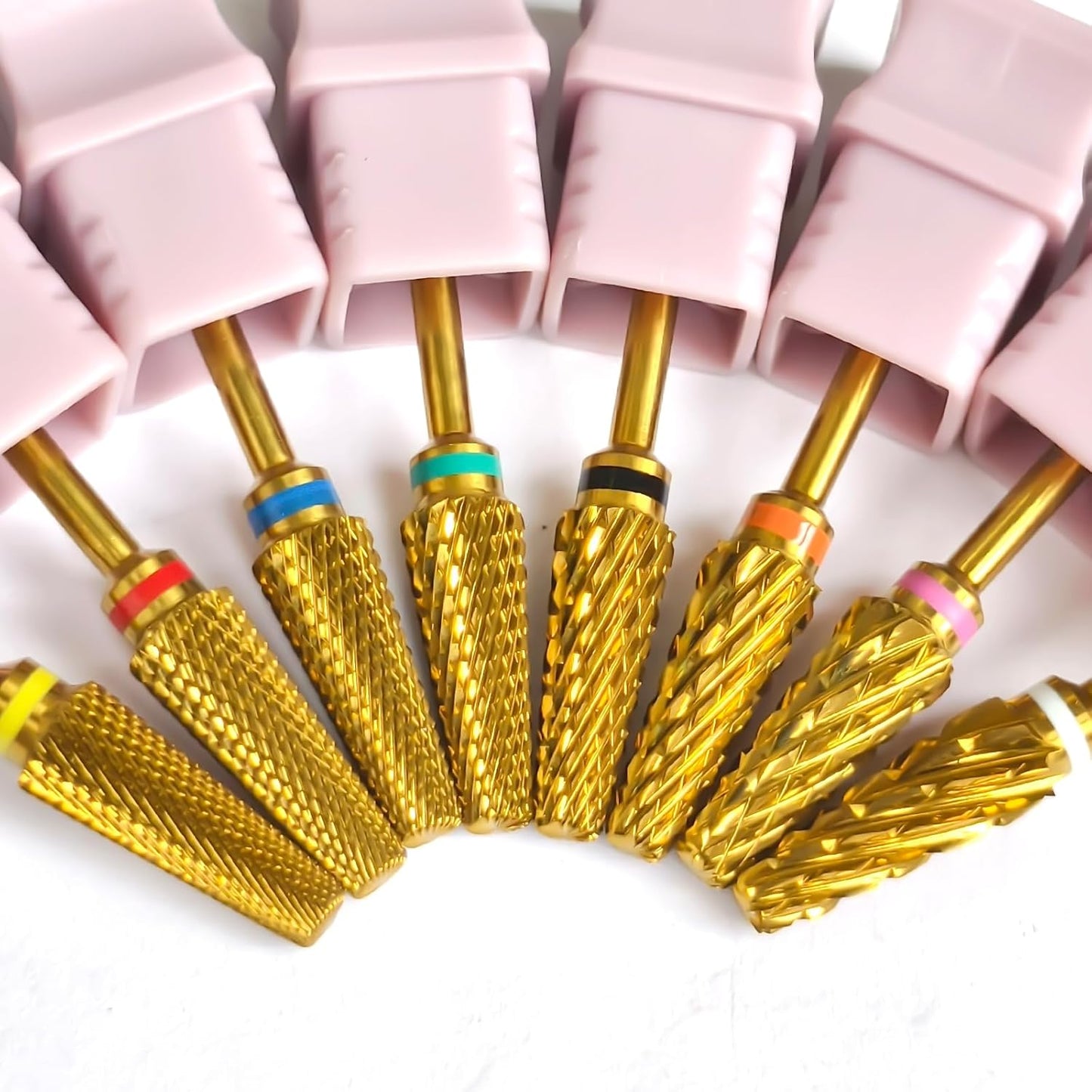 Super Cut 5 In 1 Nail Drill Bits，Tapered 3/32'' Safety Tungsten Bits, Upward Cut for Hard Gel Removal, Right Hand Use, Manicure Cuticle Gel Polishing, Technicians Bits, Gold, Quadruple Coarse.