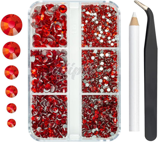 2550pcs Red Nail Art Flatback Rhinestones for Face Makeup Siam Red Nail Gems Gemstones K9 Glass SS4~SS20 6 Sizes Ruby Red Diamonds Stones Crystals w Tweezer & Picking Pen for Nails DIY Crafts