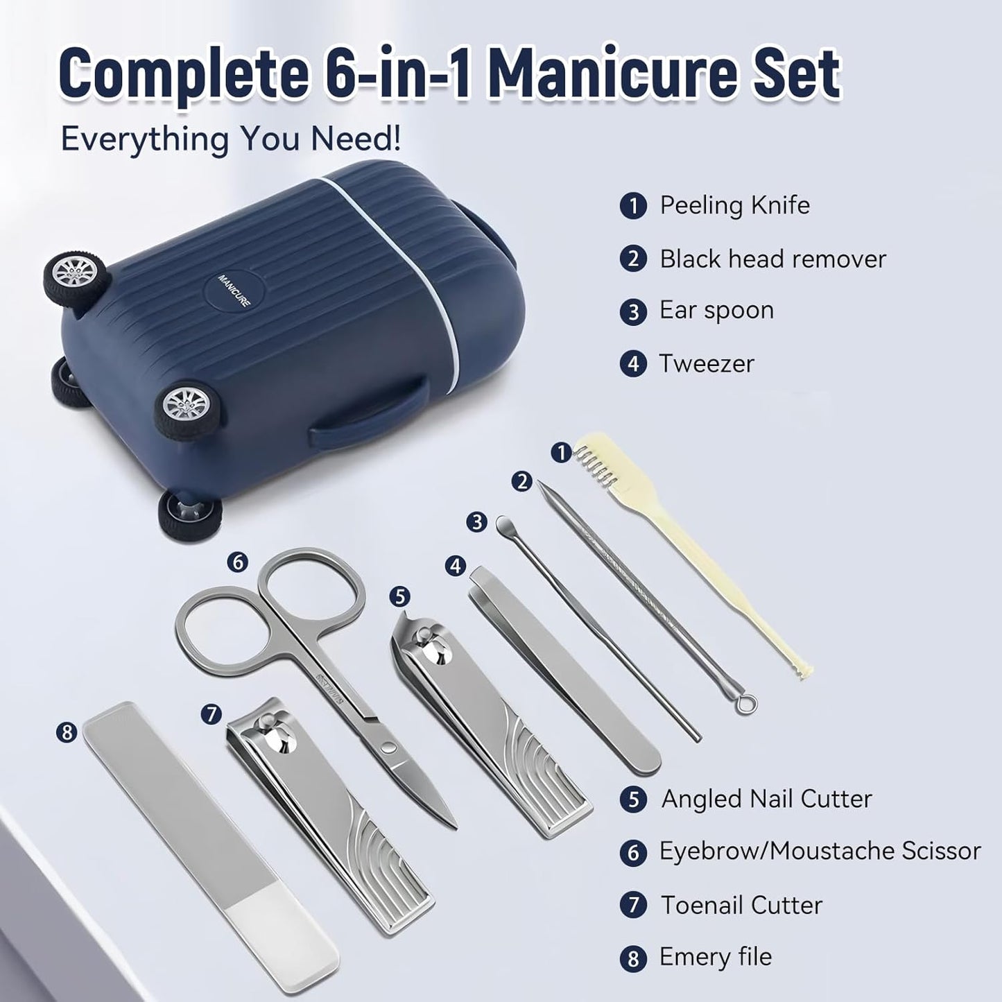 Travel Luggage Style Manicure Set, 6-in-1 Nail Care Kit with Stainless Steel Tools, Compact Design (Navy Blue)
