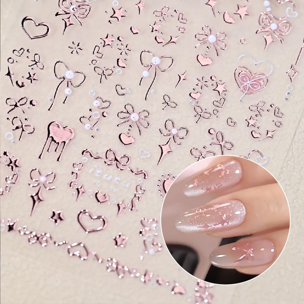 Valentine's 5D Embossed Nail Art Stickers - Romantic Rose Gold & Pink Nail Decals with Bronzing Bow Heart Designs