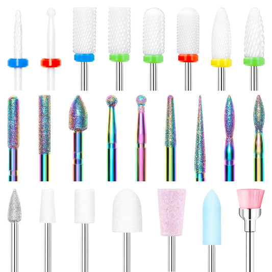 Modelones 24 Pcs Nail Drill Bit Set, 3/32” Ceramic Diamond Carbide Nail Drill Bits, Acrylic Gel Nail Bit Kit, Cuticle Remover Bits for Acrylic Gel Dip Powder Nail Manicure Pedicure