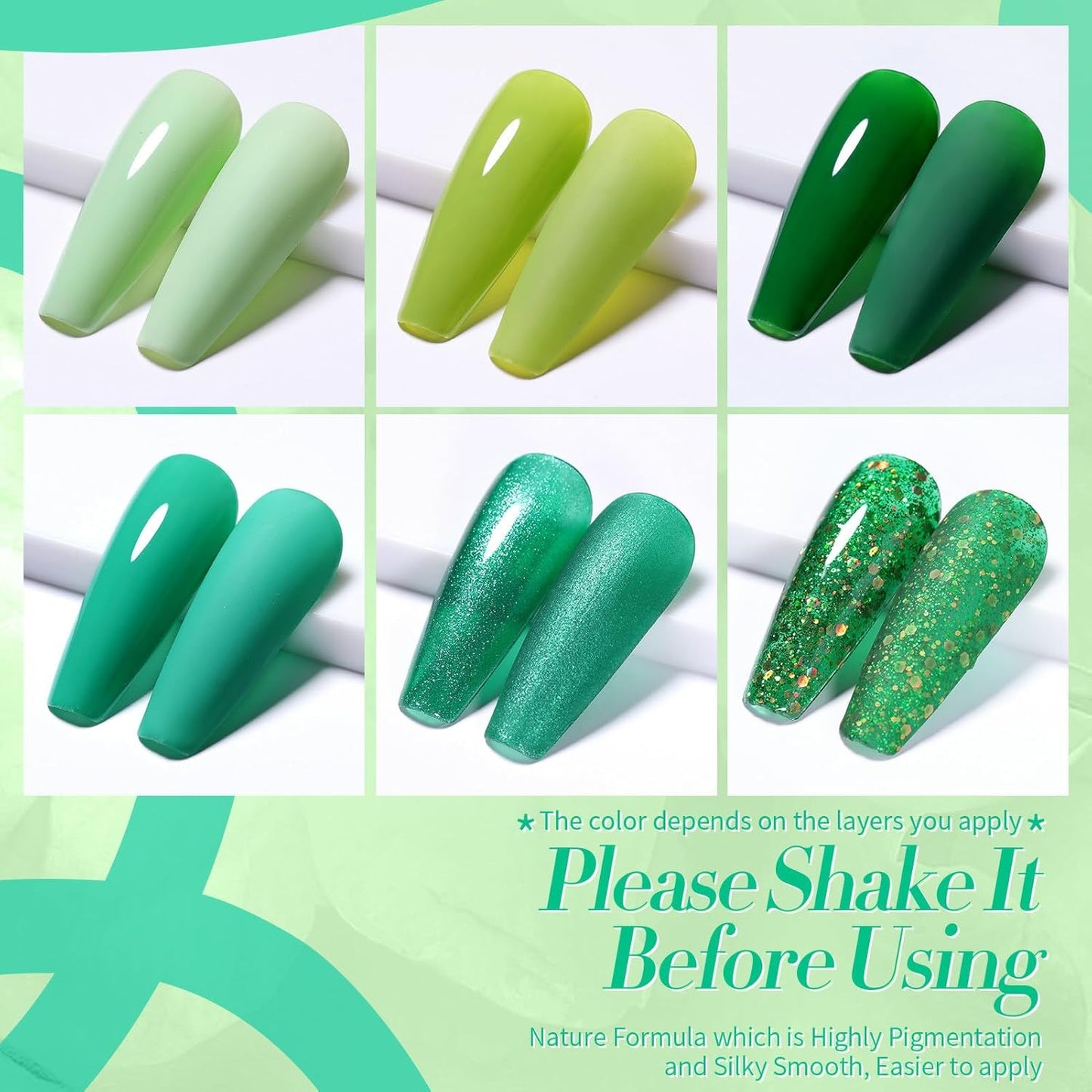 Born Pretty Green Gel Nail Polish, Christmas Carnival Evergreen Gel Nail Polish Set, Glitter Green Sparkle Gel Polish Nail Art Varnish Manicure Collection St. Patrick's Day 6PCS