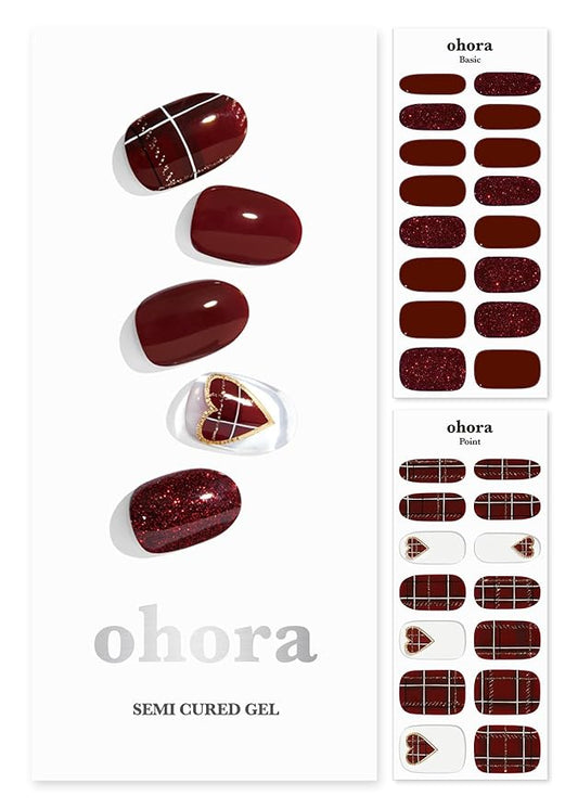 ohora Semi Cured Gel Nail Strips (N Tartan Bustier) - Red, Patterned, Works with Any UV/LED Lamps, Salon-Quality, Long Lasting, Easy to Apply & Remove - Includes 2 Prep Pads, Nail File & Wooden Stick