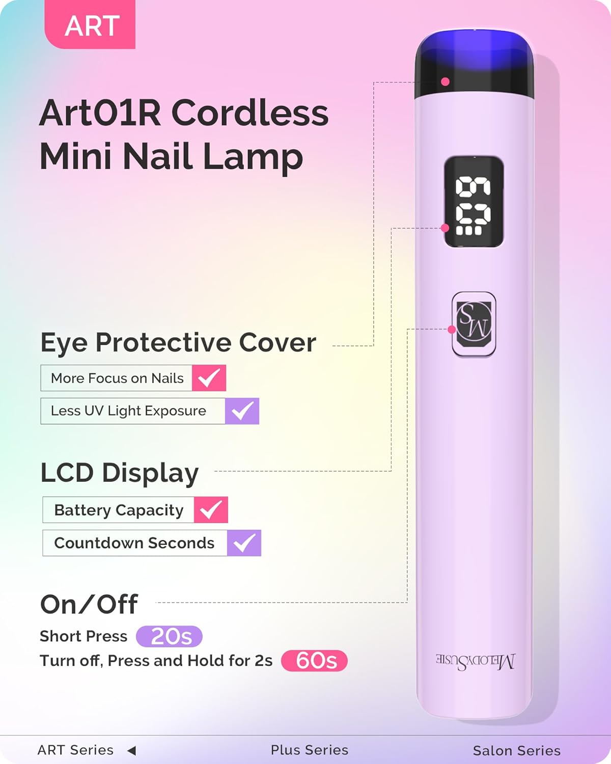 MelodySusie Handheld UV Light for Gel Nails and Nail Rhinestone Glue, ART01R Cordless Gel X Nail Lamp Rechargeable with LCD Display Flash Cure Nail Dryer for Nail Art Design Decoration DIY at Home