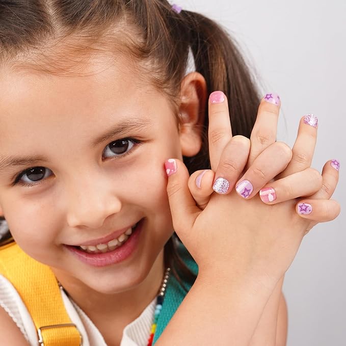 DANNI & TONI Kids Gel Nail Strips Clouds Stars Purple Glitters Salon-Quality Peel & Stick Manicure for Children (Age 6+)– Safe, Long-Lasting, Easy to Apply |Purple Dream
