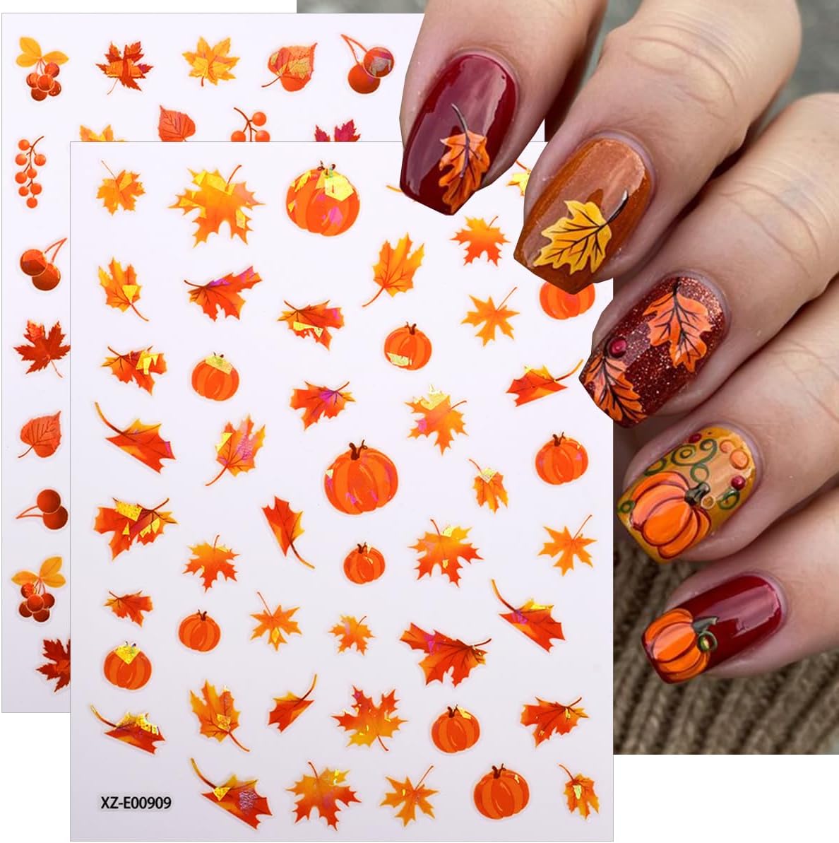 12Sheets Autumn Maple Leaves Nail Stickers 3D Self-Adhesive Fall Nail Art Stickers Gold Yellow Pumpkins Ginkgo Leaf Nails Design Decal Thanksgiving Day Nail Art Decoration for Women DIY Nail Supplies