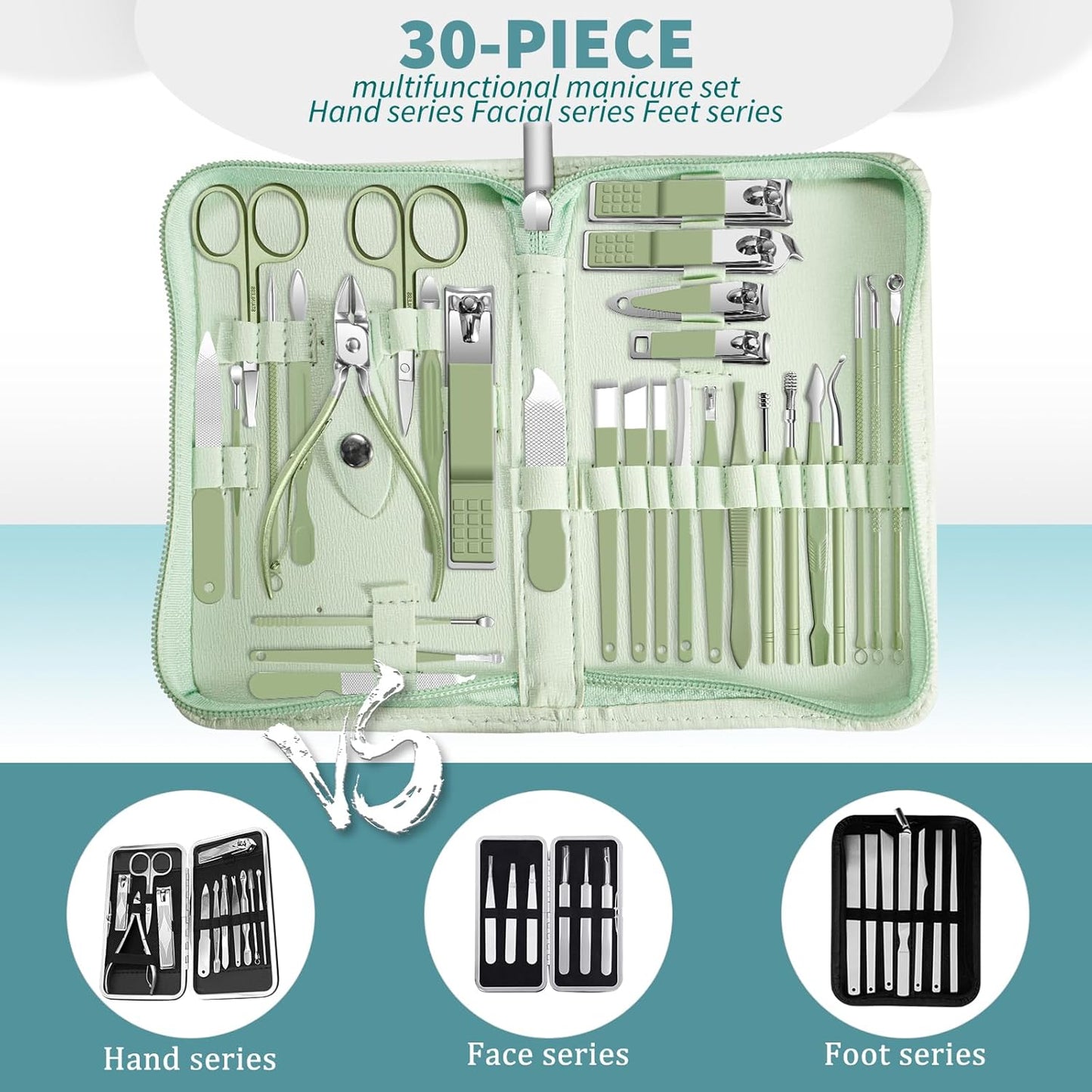 Manicure kit Personal Care Mens Grooming Kit, 30 in 1 Professional Nails Kit Pedicure Kit, Nail Clippers for Men and Nail Tools Portable Set, with Luxurious Travel Case (Green)