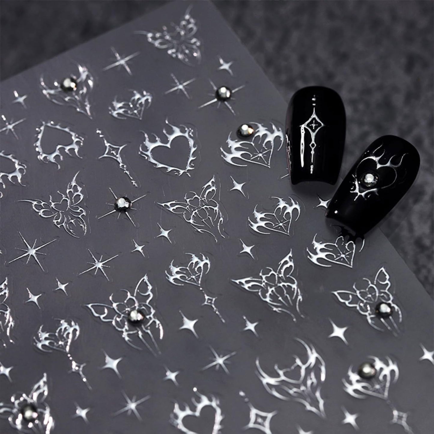 Silver Nail Art Sticker Decals Star Nail Stickers Butterfly and Heart with Design Self Adhesive Nail Decals 5D Embossed Rhinestone Manicure DIY Supply Decoration Accessories for Women