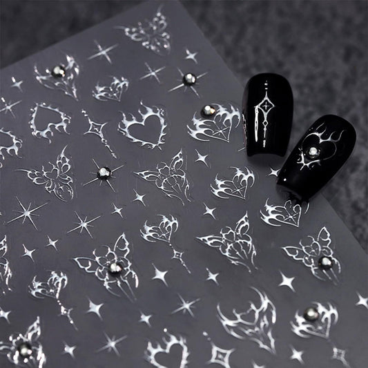 Silver Nail Art Sticker Decals Star Nail Stickers Butterfly and Heart with Design Self Adhesive Nail Decals 5D Embossed Rhinestone Manicure DIY Supply Decoration Accessories for Women