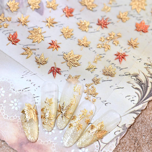 1 Sheets Thanksgiving Nail Stickers for Nails Art Autumn Maple Leaf Nail Decals 5D Self-Adhesive Red Gold Embossed Maple Leaves Nail Decoration Shiny Fall Nail Art Stickers for Women Nail Designs