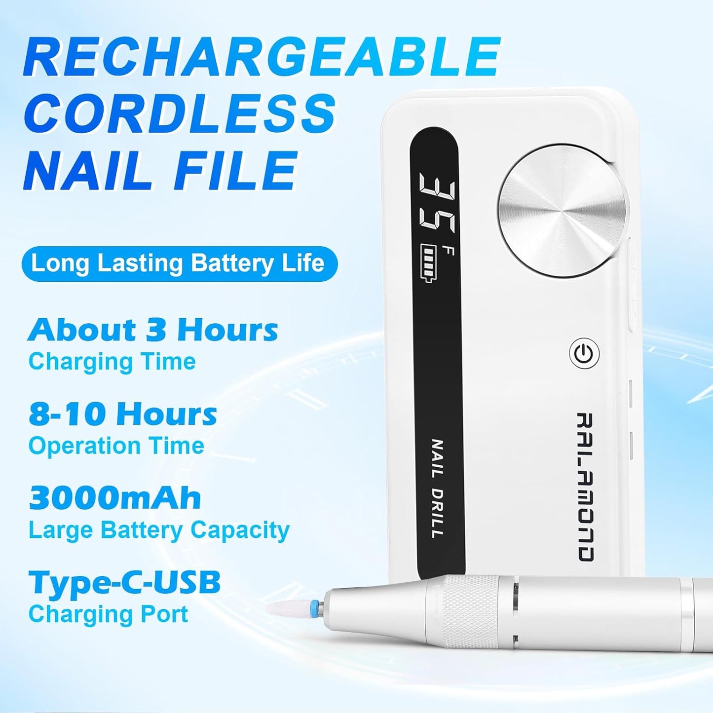 Professional Nail Drill, 35000RPM Electric Nail File, Rechargeable Cordless Machine, Nail Drill Kit with Bits, Portable Electric Nail Filer Manicure Pedicure (White)