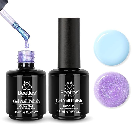 Beetles Gel Nail Polish Set - 2 Colors 15ml Baby Blue Sheer Glitter Purple Soak Off UV Light Blue Gel Polish Set Ethereal Dreams Nail Art Kit DIY Home