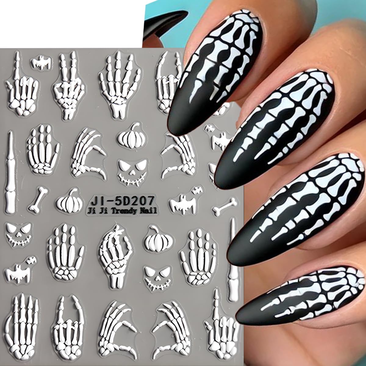 Halloween Nail Art Stickers Decals 5D Embossed Finger Bone Nail Decals 3PCS Fantasy Bone Pumpkin Bat Design Halloween Nail Stickers Nail Art Supplies for Women Holiday DIY Manicure Decorations